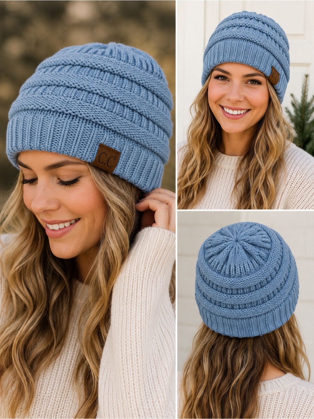 C.C. Dusty Blue Ribbed Knit Beanie Winter Hat NWT Soft Stretch One Sized